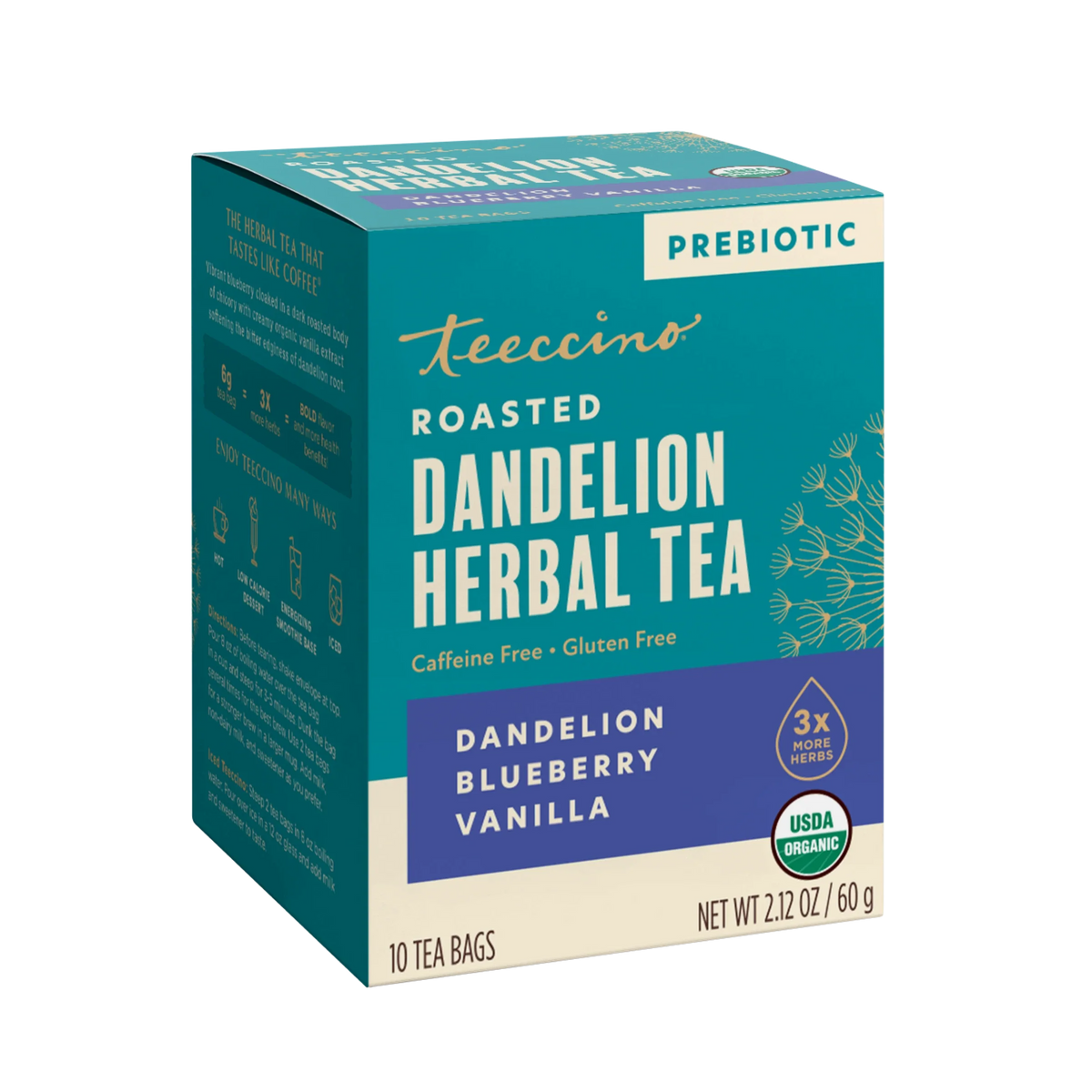Roasted dandelion herbal tea box—prebiotic, caffeine-free, gluten-free, USDA organic