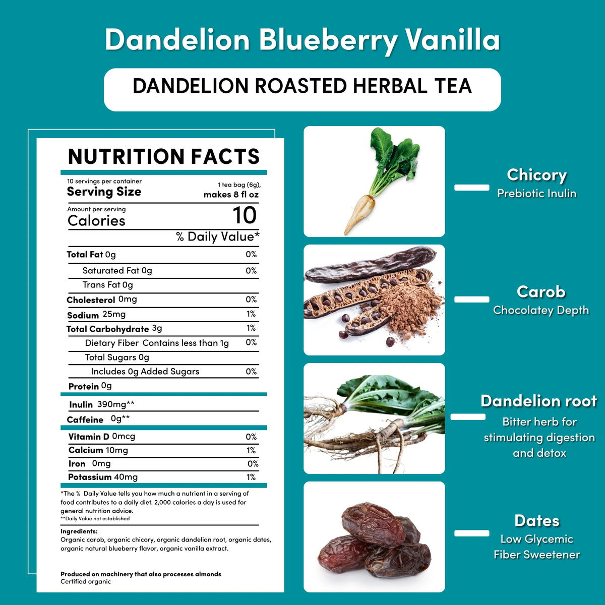 Dandelion roasted herbal tea nutrition facts and ingredient list with carob, dates