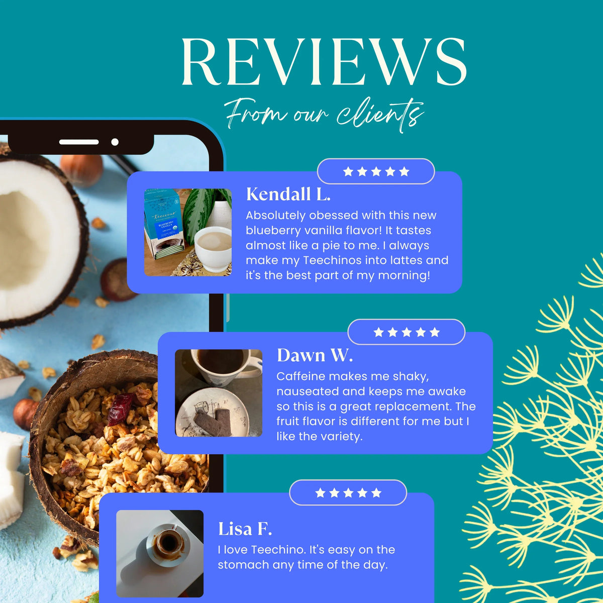 Customer reviews graphic for roasted dandelion herbal tea with star ratings