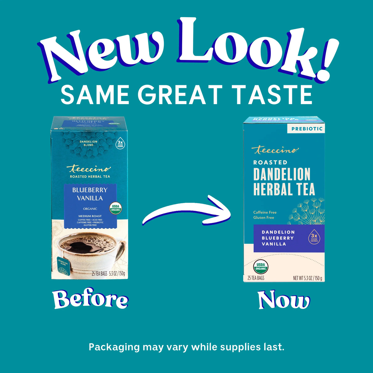 Dandelion blueberry vanilla herbal tea box pack showing before-and-now comparison