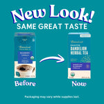 Dandelion blueberry vanilla herbal tea box pack showing before-and-now comparison