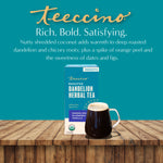 Roasted dandelion herbal tea box with mug and flavor-note graphic
