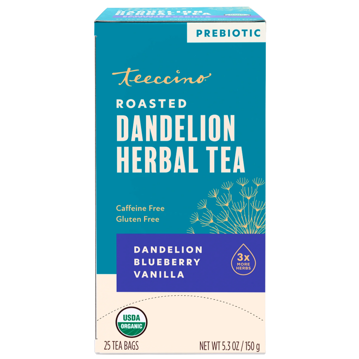 Roasted dandelion herbal tea box, dandelion blueberry vanilla, caffeine free, 25 tea bags