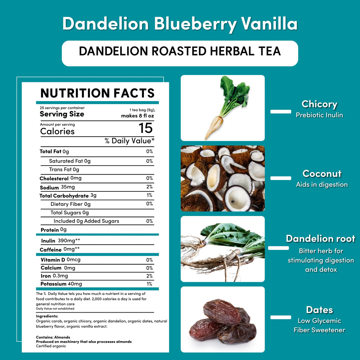Dandelion roasted herbal tea nutrition facts panel and serving-size details
