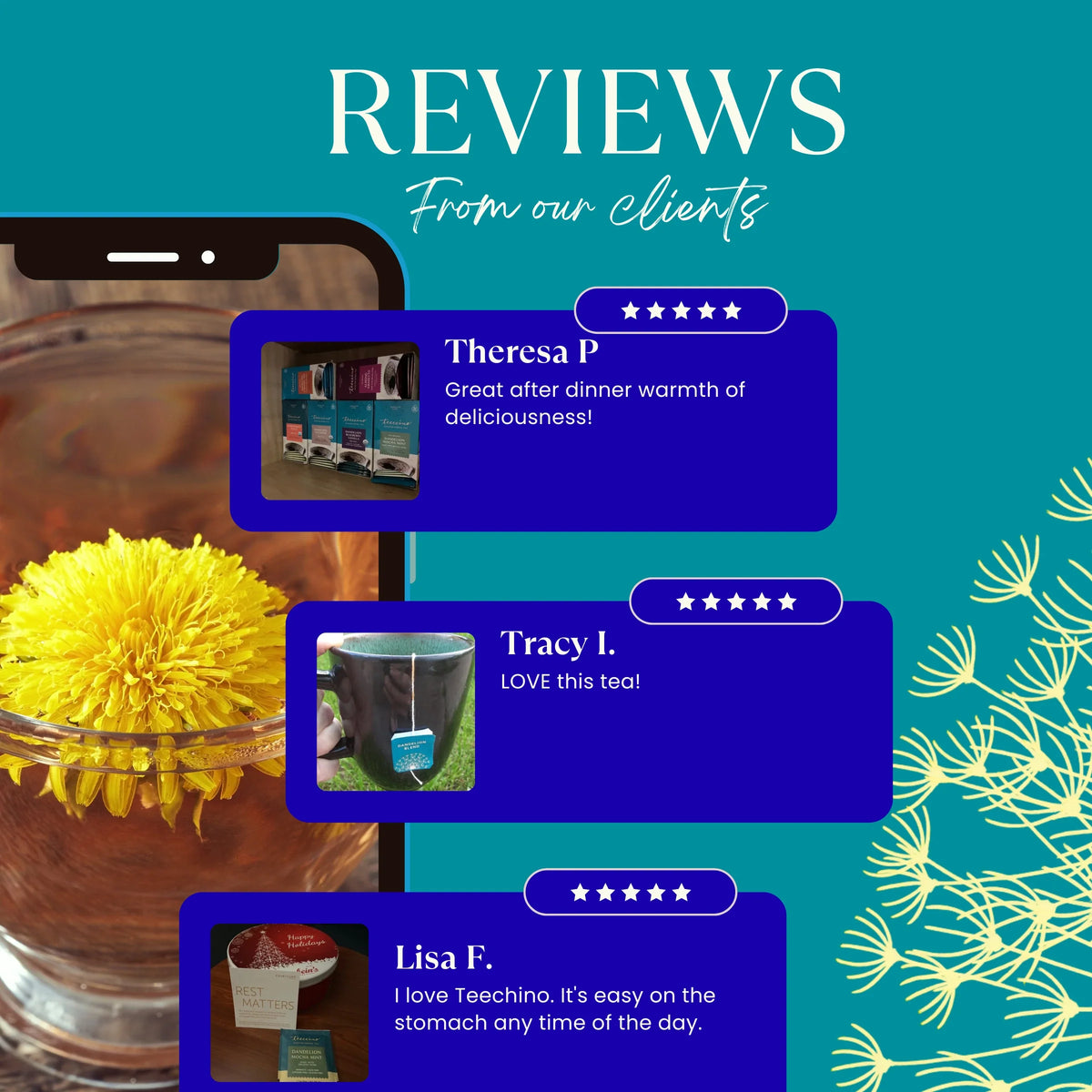 Customer reviews graphic with small roasted dandelion herbal tea box and star ratings