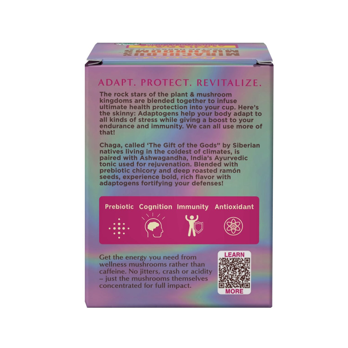 Back panel of mushroom herbal tea box with health-benefit text and icons