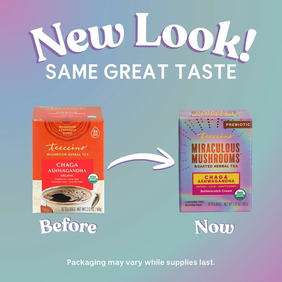 Roasted herbal tea boxes, orange and purple: Chaga Ashwagandha Butterscotch Cream
