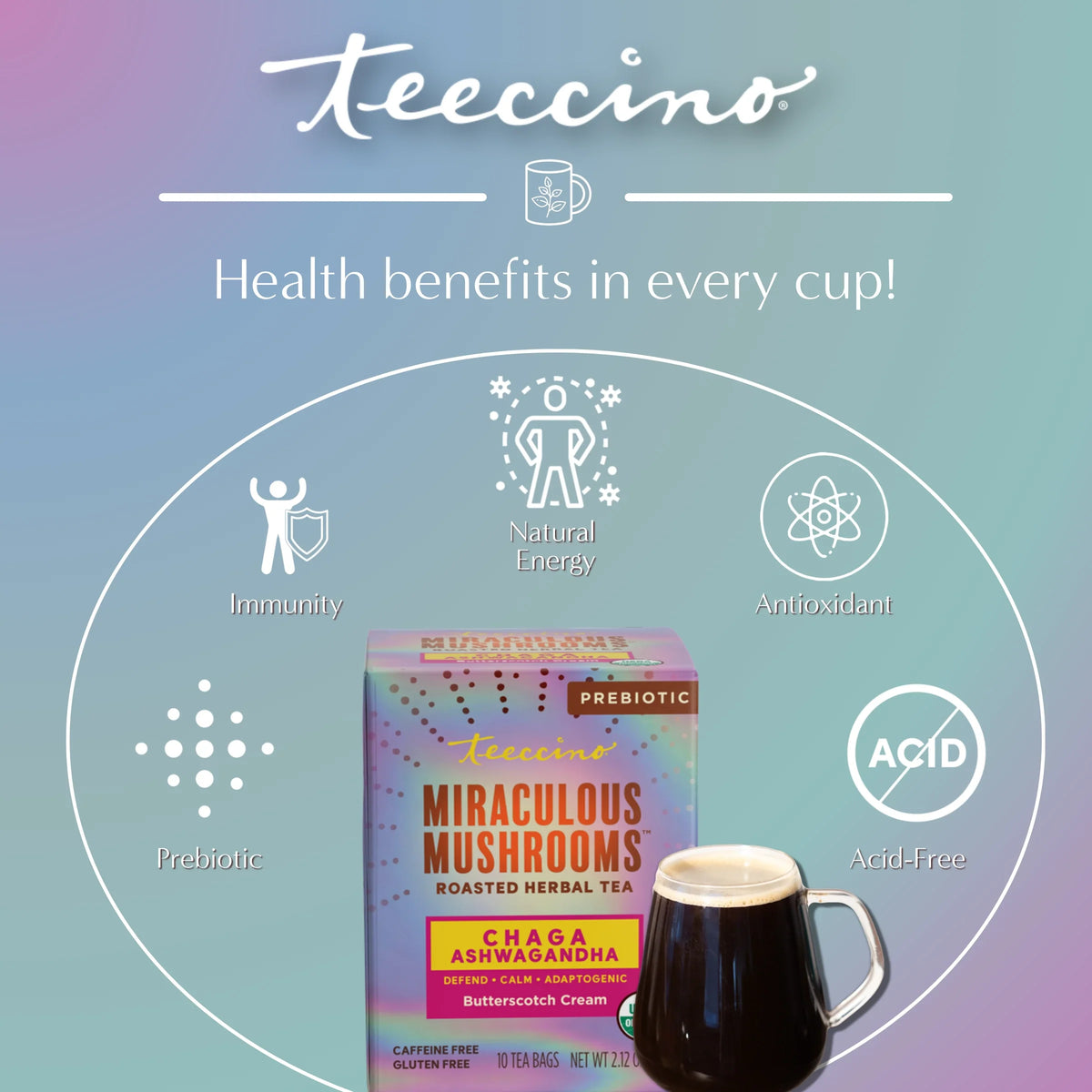 Miraculous Mushrooms roasted herbal tea box with cup and health-benefits icons