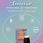 Health benefits graphic for mushroom herbal tea with prebiotic, immunity, energy, antioxidant