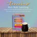 Miraculous Mushrooms herbal tea box with mug on wooden board