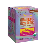 Herbal tea carton showing “Miraculous Mushrooms” and Chaga Ashwagandha butterscotch cream