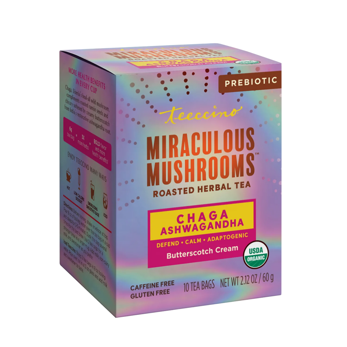 Herbal tea carton showing “Miraculous Mushrooms” and Chaga Ashwagandha butterscotch cream