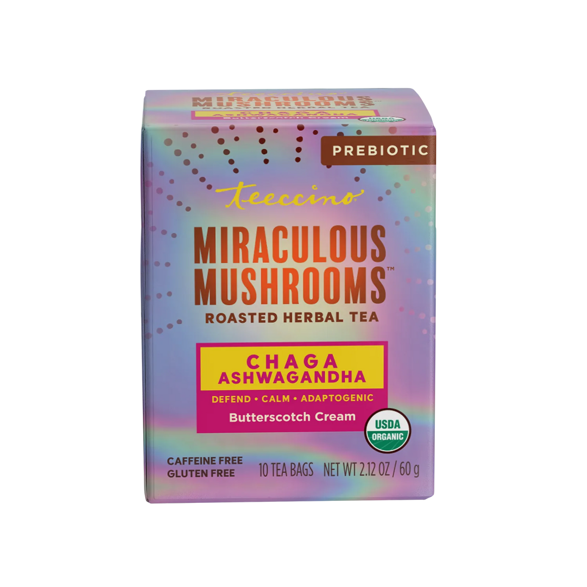 Miraculous Mushrooms roasted herbal tea box, Chaga Ashwagandha Butterscotch Cream