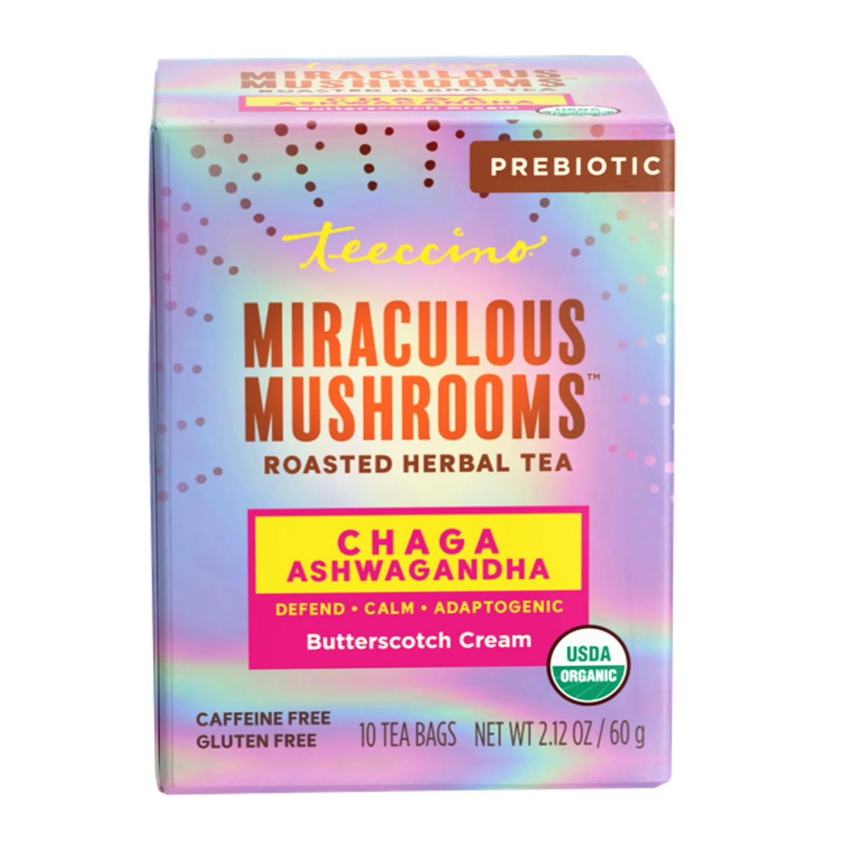 Herbal tea box front: Chaga Ashwagandha butterscotch cream, prebiotic “Miraculous Mushrooms”