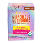 Herbal tea box front: Chaga Ashwagandha butterscotch cream, prebiotic “Miraculous Mushrooms”