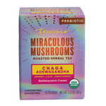 Miraculous Mushrooms roasted herbal tea box, Prebiotic Chaga Ashwagandha Butterscotch
