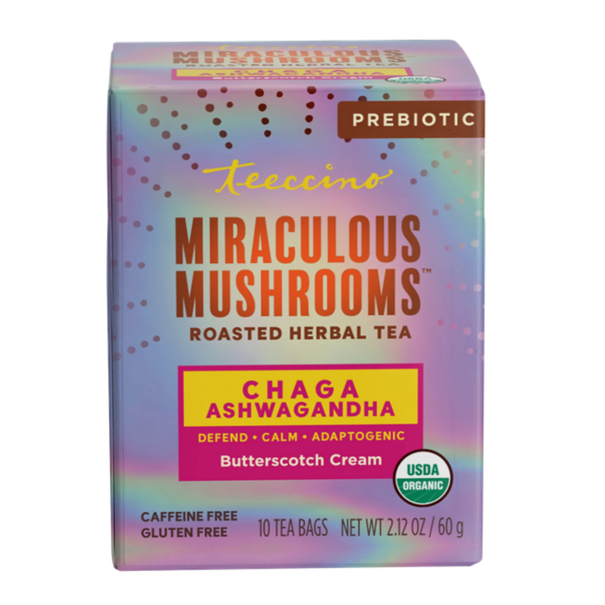 Miraculous Mushrooms roasted herbal tea box, Prebiotic Chaga Ashwagandha Butterscotch