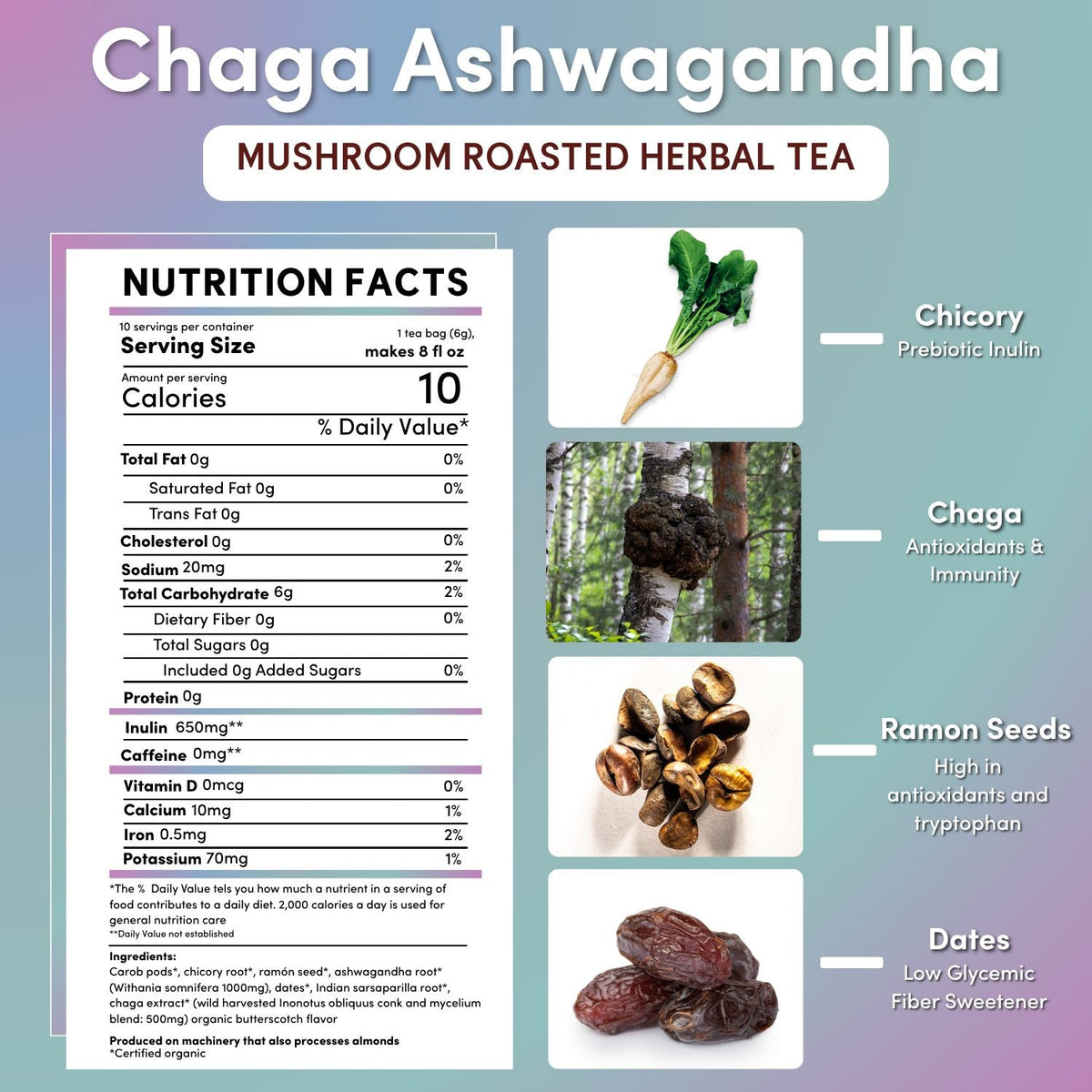 Nutrition facts panel for Chaga Ashwagandha mushroom roasted herbal tea