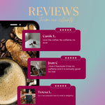 Tea reviews graphic panel with customer ratings and small cup photos