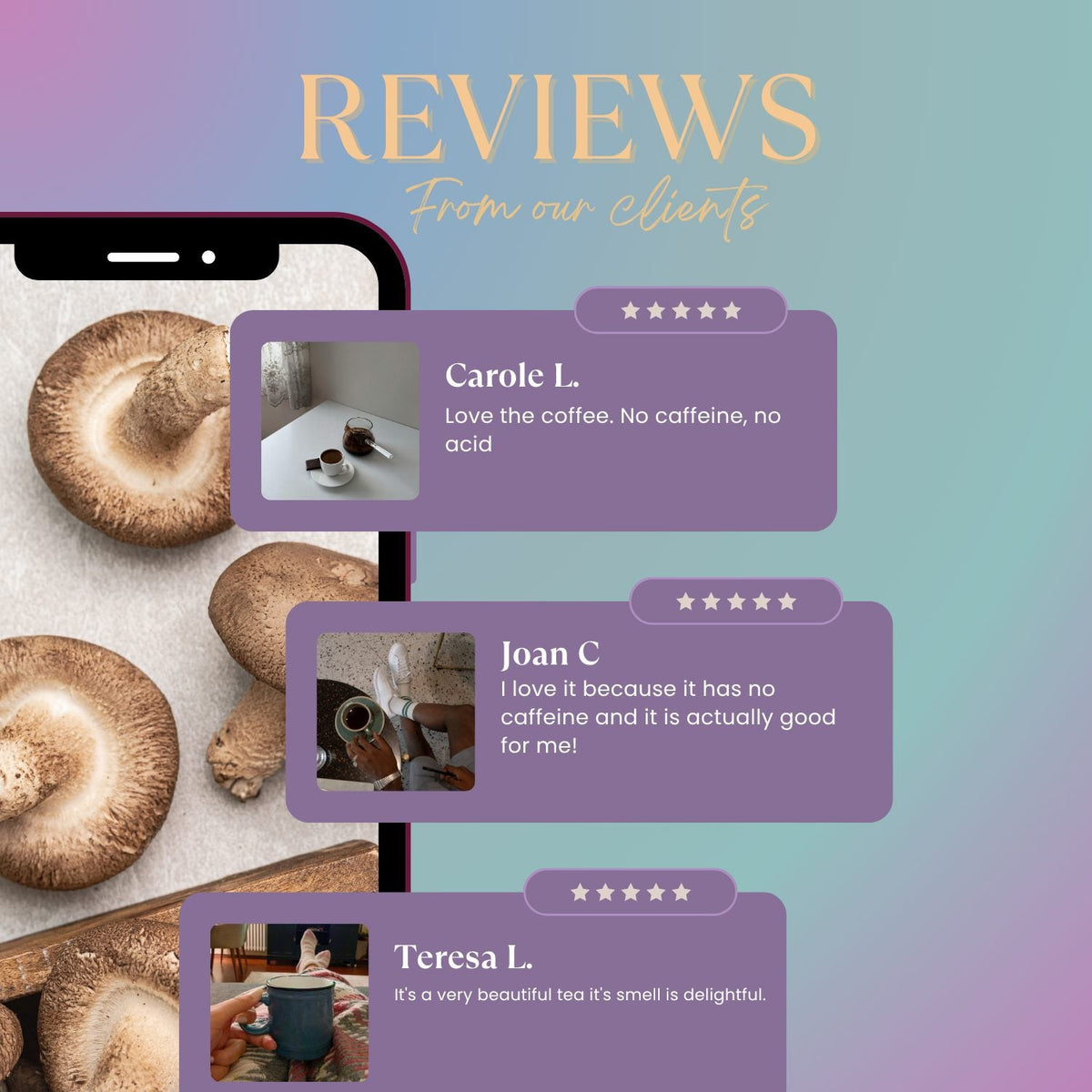 Smartphone customer review screen with star ratings and mushroom images
