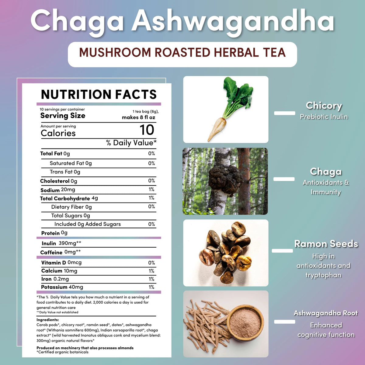 Nutrition facts panel with Chaga, ashwagandha root, ramon seeds, and chicory