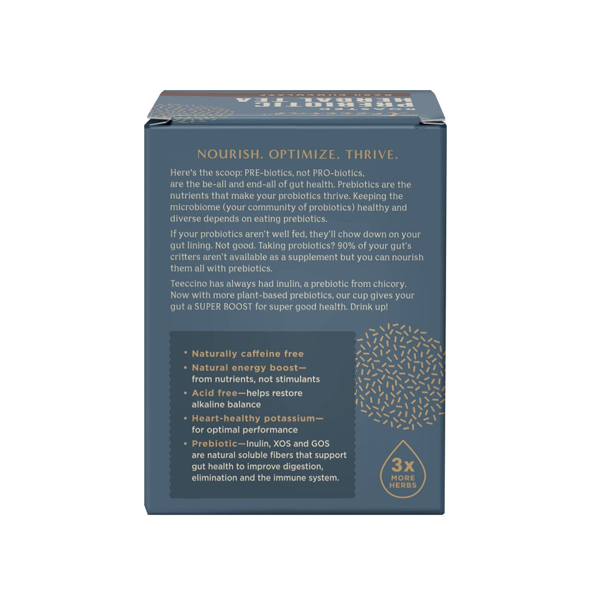 Teecino roasted prebiotic herbal tea box back panel with claims and ingredients