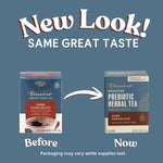 Before and now dark chocolate prebiotic roasted herbal tea boxes with arrow