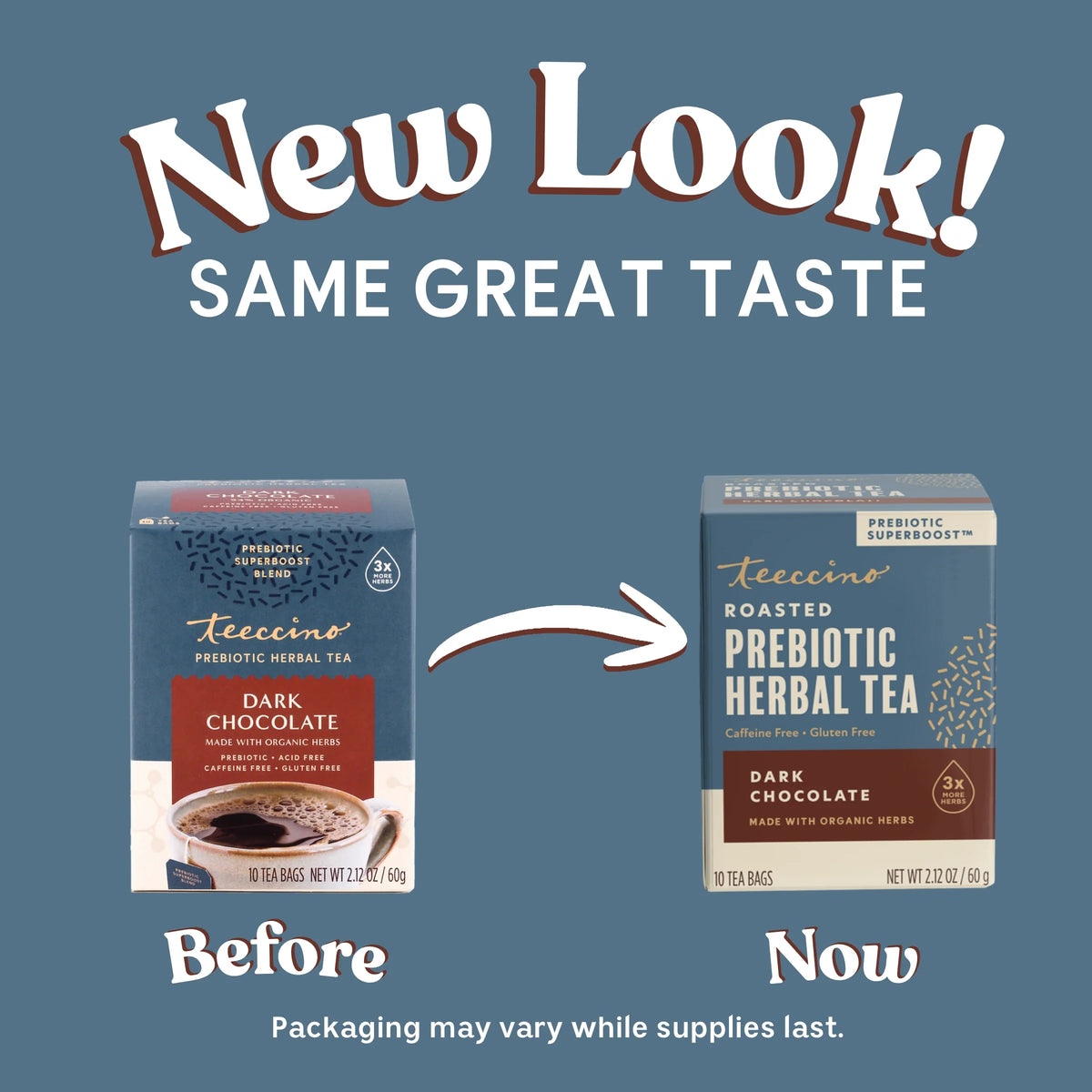 Before and now dark chocolate prebiotic roasted herbal tea boxes with arrow