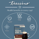 Roasted prebiotic herbal tea box with cup icon and health benefit symbols