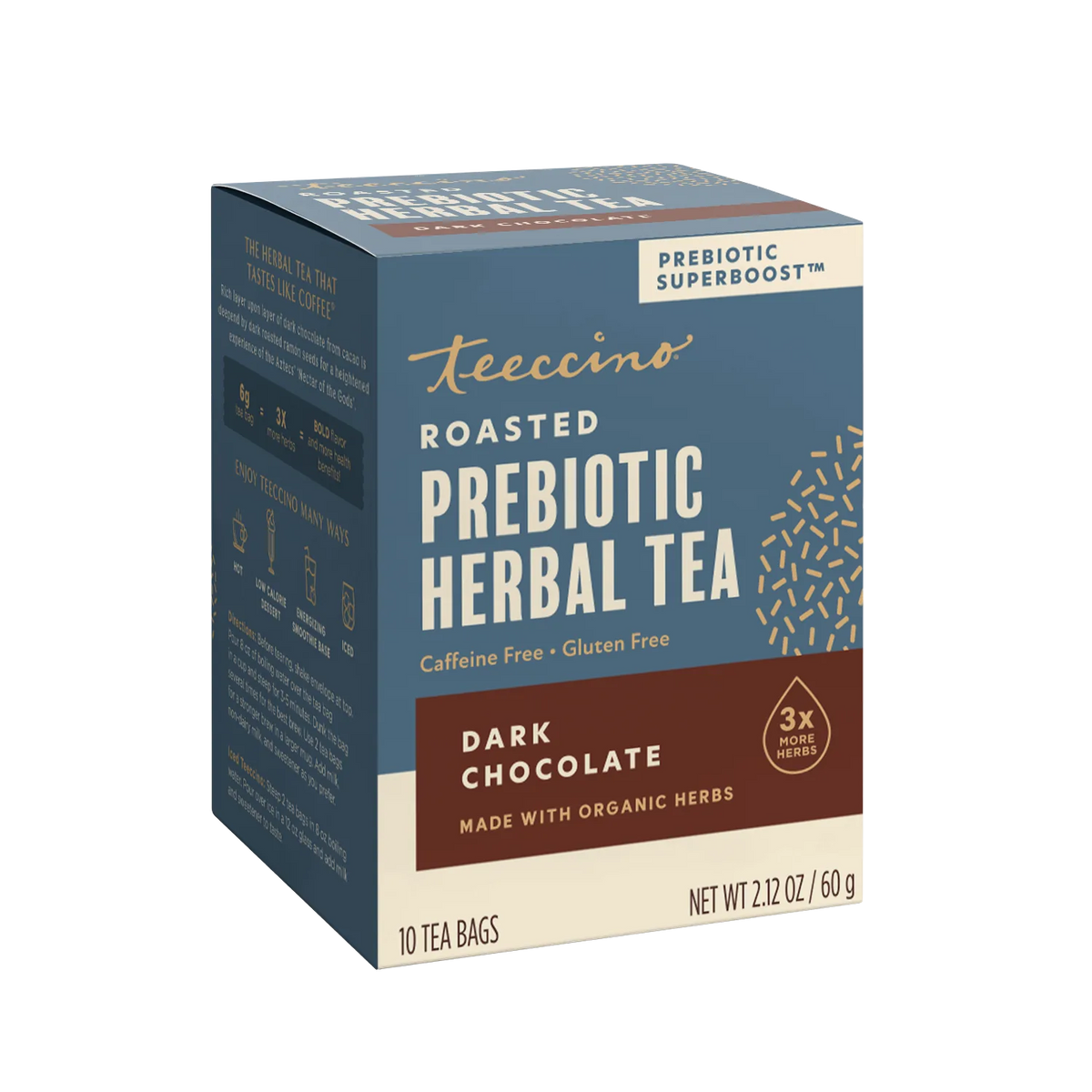 Teecino roasted prebiotic herbal tea box front, dark chocolate, 10 tea bags