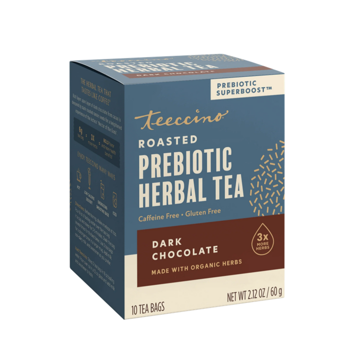 Roasted prebiotic herbal tea box, dark chocolate, 10 tea bags, caffeine-free, gluten-free