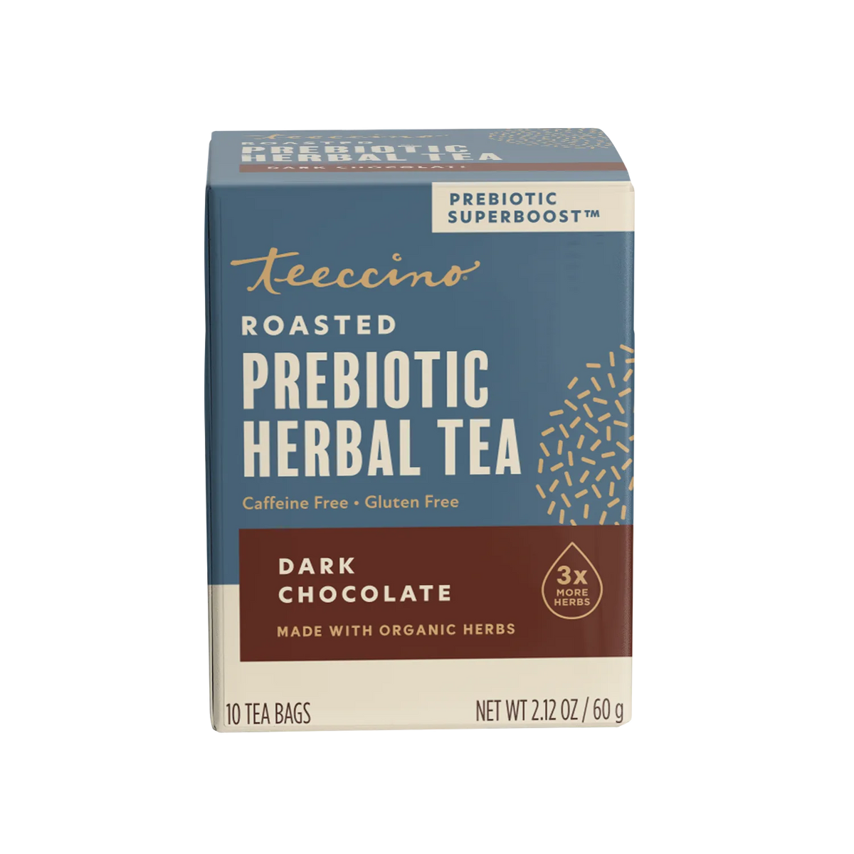 Roasted prebiotic herbal tea box, dark chocolate, caffeine free, 10 tea bags