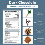 Nutrition facts panel and ingredient icons for dark chocolate prebiotic roasted herbal tea