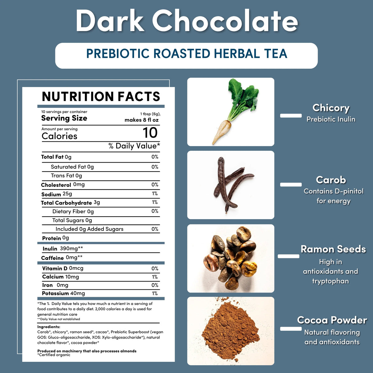 Nutrition facts panel and ingredient icons for dark chocolate prebiotic roasted herbal tea