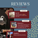 Dark chocolate prebiotic herbal tea box with customer review callouts and star ratings