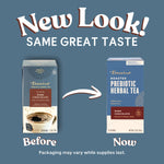 Dark chocolate prebiotic herbal tea boxes with before/now designs, caffeine-free