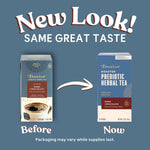 Before and now package labels showing dark chocolate roasted prebiotic herbal tea boxes