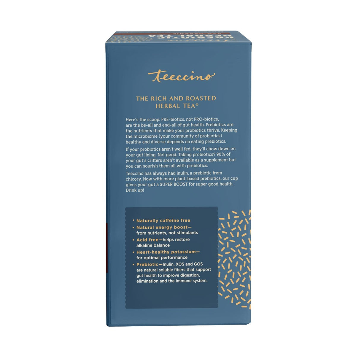 Teecino roasted prebiotic herbal tea box side panel with product details and benefits