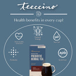 Teecino prebiotic herbal tea health benefits graphic with no-caf and acid-free icons