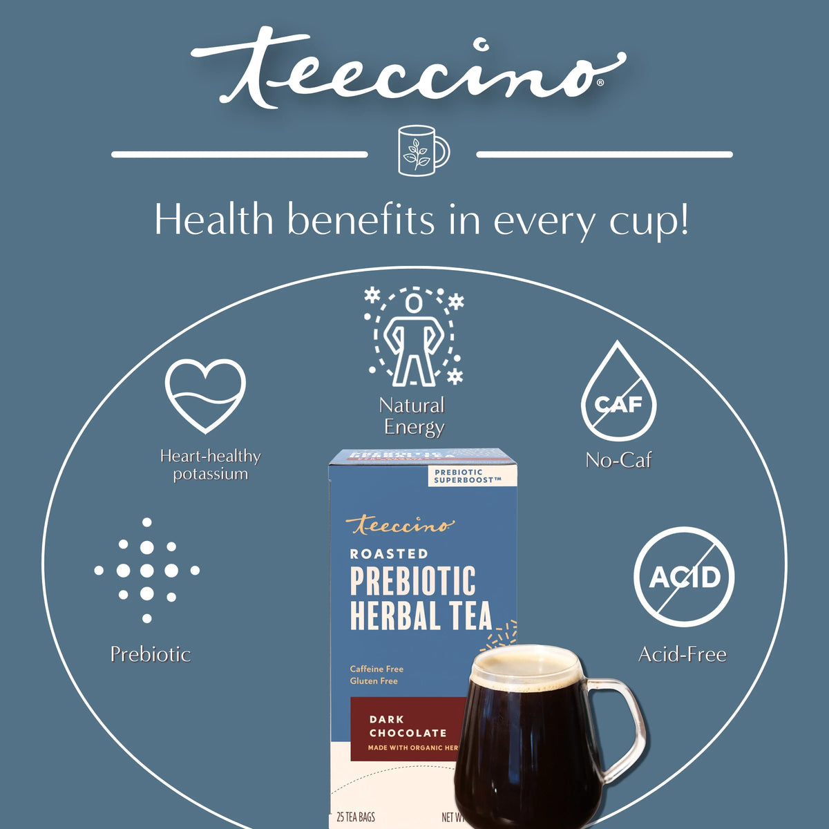 Dark chocolate prebiotic herbal tea box with dark tea mug, caffeine-free, gluten-free