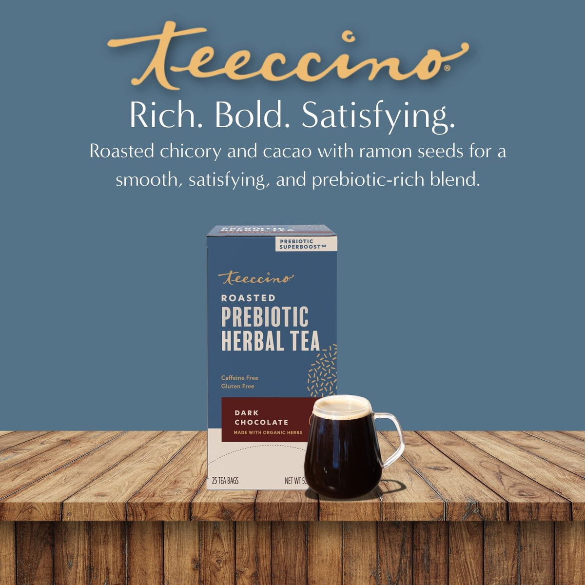 Teecino roasted prebiotic herbal tea box with dark chocolate flavor and glass cup