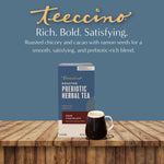Teecino roasted prebiotic herbal tea box with dark chocolate flavor and glass cup