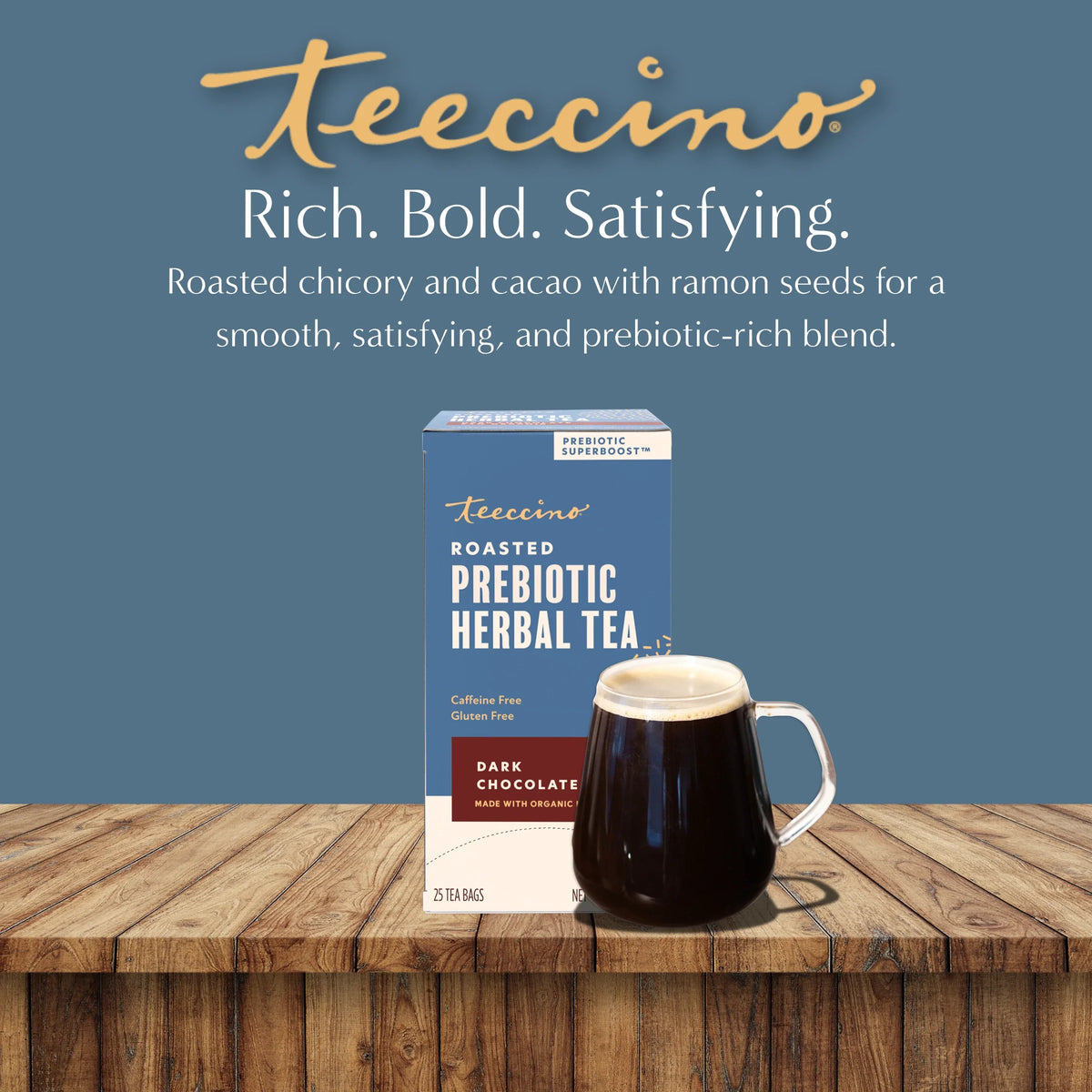 Roasted prebiotic herbal tea box with dark chocolate tea mug, prebiotic-rich blend