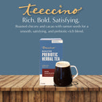 Roasted prebiotic herbal tea box with dark chocolate tea mug, prebiotic-rich blend