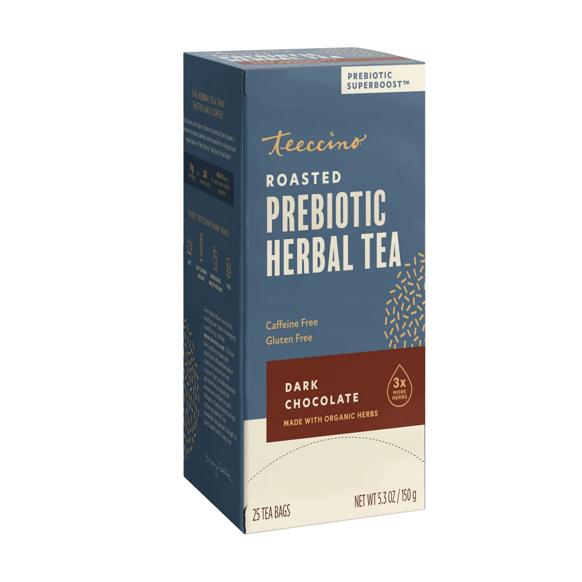 Teecino roasted prebiotic herbal tea box, dark chocolate flavor, caffeine-free, gluten-free