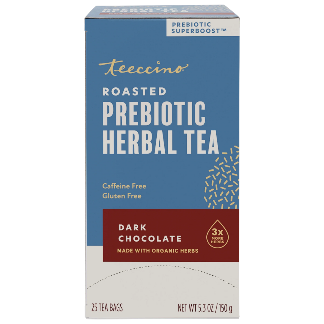 Dark chocolate prebiotic herbal tea box, roasted blend; 25 tea bags, caffeine-free