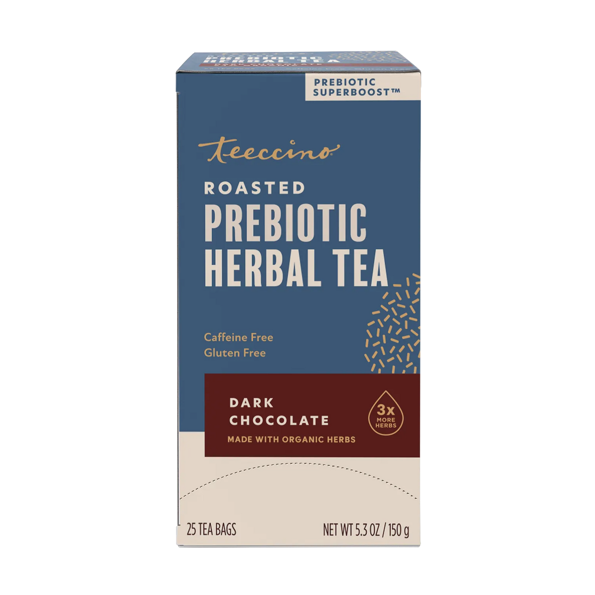 Dark chocolate prebiotic herbal tea box; caffeine-free, gluten-free; 25 tea bags