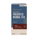 Dark chocolate prebiotic herbal tea box; caffeine-free, gluten-free; 25 tea bags