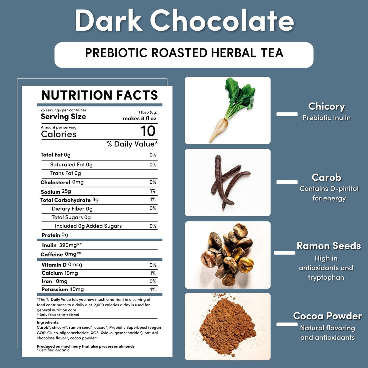 Teecino dark chocolate prebiotic roasted herbal tea nutrition facts and ingredient highlights