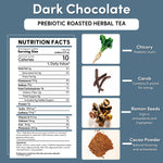 Nutrition facts and ingredient icons for dark chocolate prebiotic roasted herbal tea